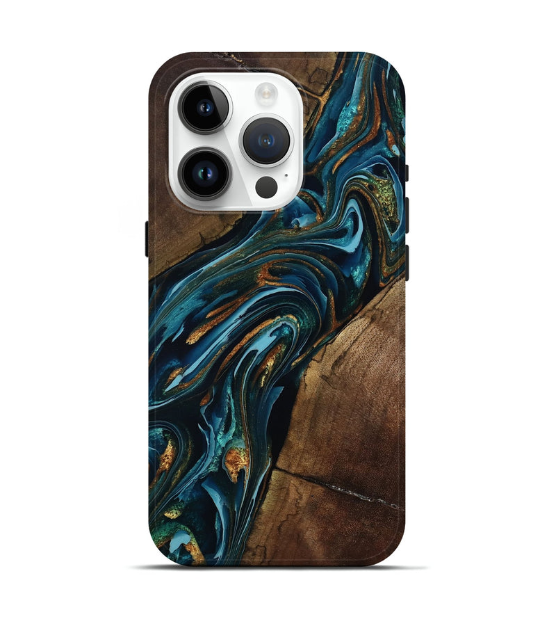 iPhone 15 Pro Wood Live Edge Phone Case - Cash (Teal & Gold, 801973)