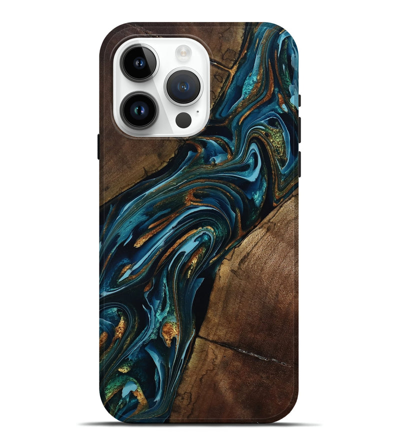 iPhone 15 Pro Max Wood Live Edge Phone Case - Cash (Teal & Gold, 801973)