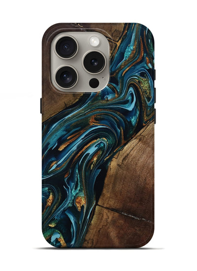 iPhone 16 Pro Wood Live Edge Phone Case - Cash (Teal & Gold, 801973)