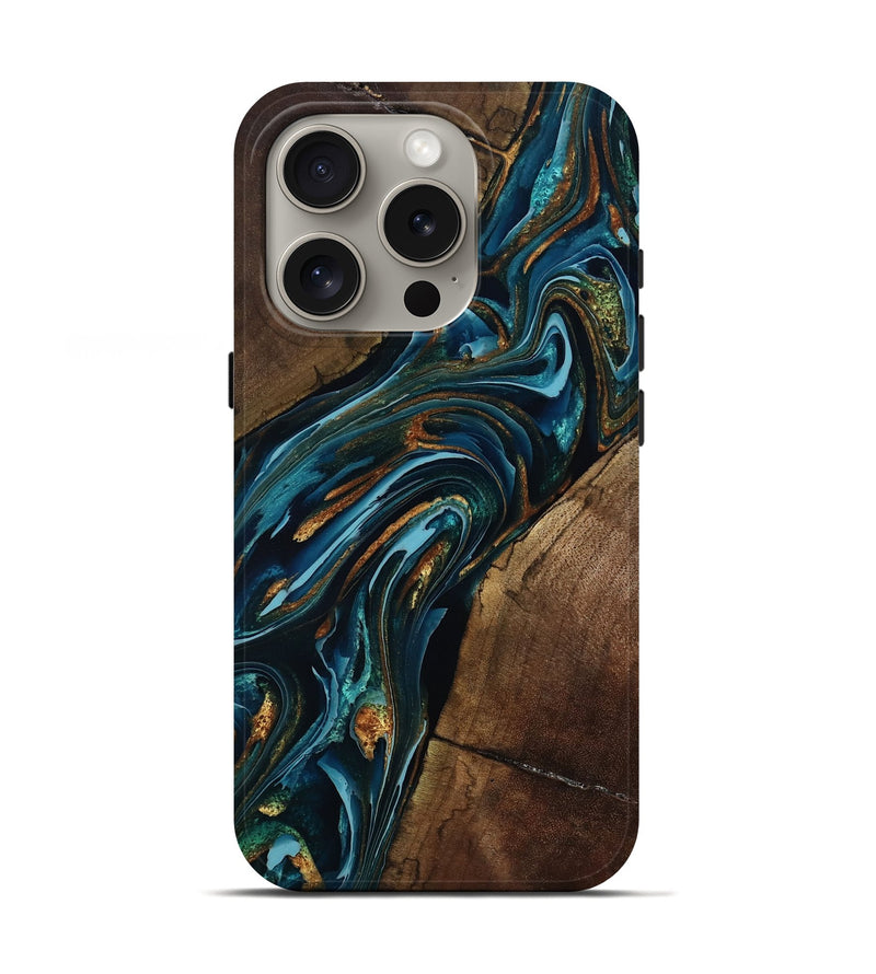 iPhone 16 Pro Wood Live Edge Phone Case - Cash (Teal & Gold, 801973)