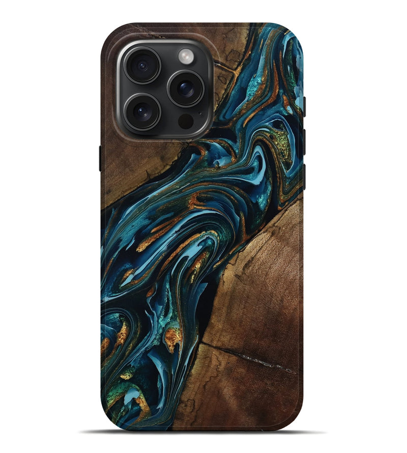 iPhone 16 Pro Max Wood Live Edge Phone Case - Cash (Teal & Gold, 801973)