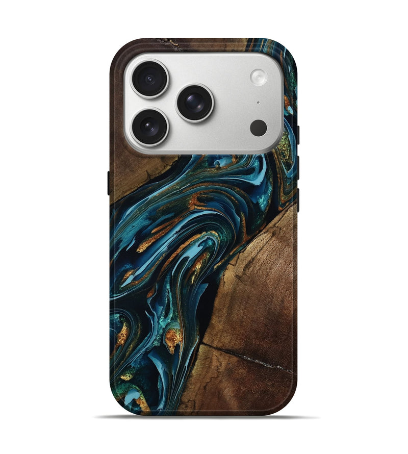 iPhone 17 Pro Wood Live Edge Phone Case - Cash (Teal & Gold, 801973)