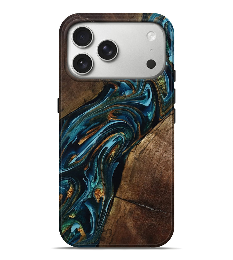 iPhone 17 Pro Max Wood Live Edge Phone Case - Cash (Teal & Gold, 801973)