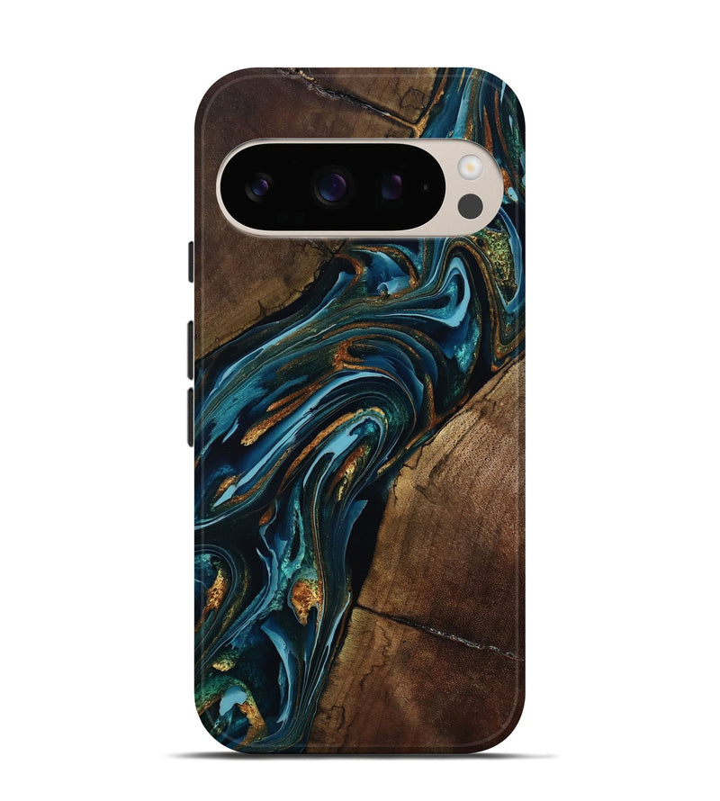 Pixel 10 Pro Wood Live Edge Phone Case - Cash (Teal & Gold, 801973)