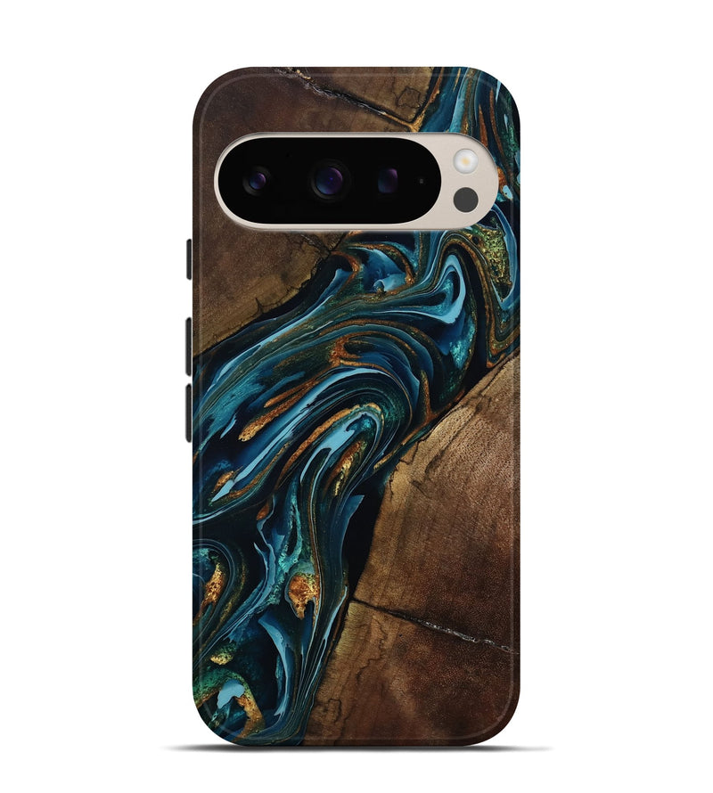 Pixel 9 Wood Live Edge Phone Case - Cash (Teal & Gold, 801973)