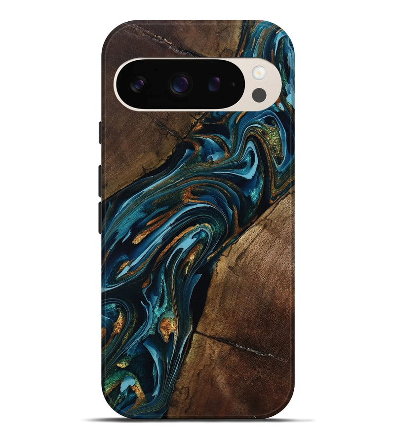 Pixel 9 Pro XL Wood Live Edge Phone Case - Cash (Teal & Gold, 801973)