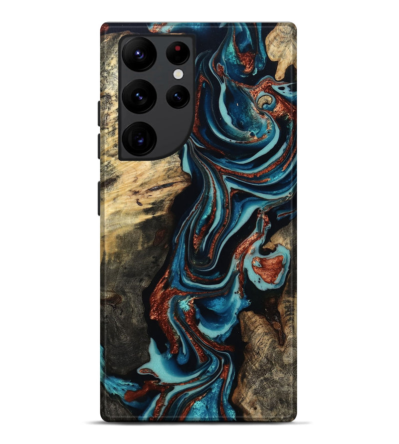 Galaxy S22 Ultra Wood Live Edge Phone Case - Felix (Teal & Gold, 801977)