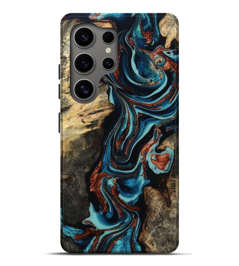 Galaxy S25 Ultra Wood Live Edge Phone Case - Felix (Teal & Gold, 801977)