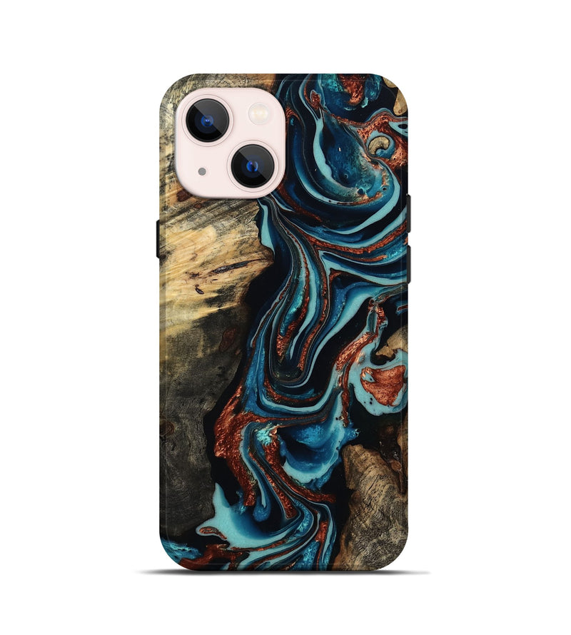 iPhone 13 mini Wood Live Edge Phone Case - Felix (Teal & Gold, 801977)