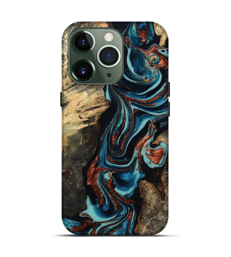 iPhone 13 Pro Wood Live Edge Phone Case - Felix (Teal & Gold, 801977)