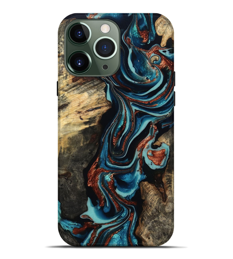 iPhone 13 Pro Max Wood Live Edge Phone Case - Felix (Teal & Gold, 801977)