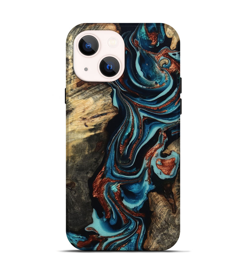 iPhone 14 Wood Live Edge Phone Case - Felix (Teal & Gold, 801977)