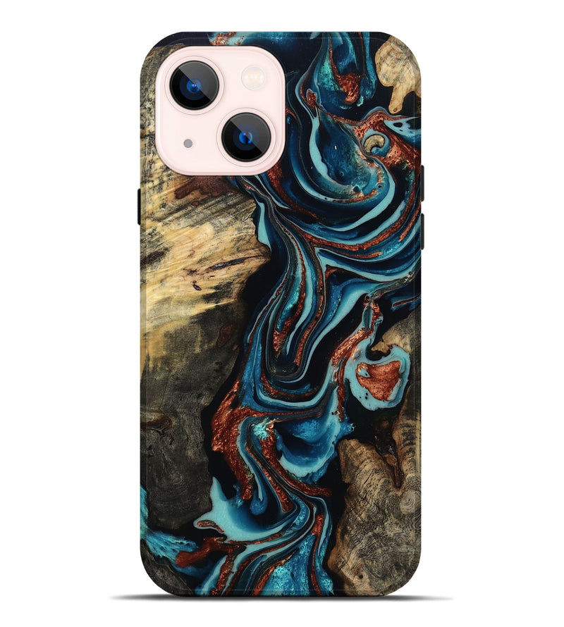 iPhone 14 Plus Wood Live Edge Phone Case - Felix (Teal & Gold, 801977)
