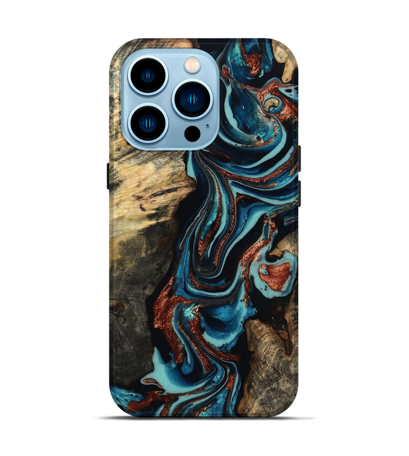 iPhone 14 Pro Wood Live Edge Phone Case - Felix (Teal & Gold, 801977)