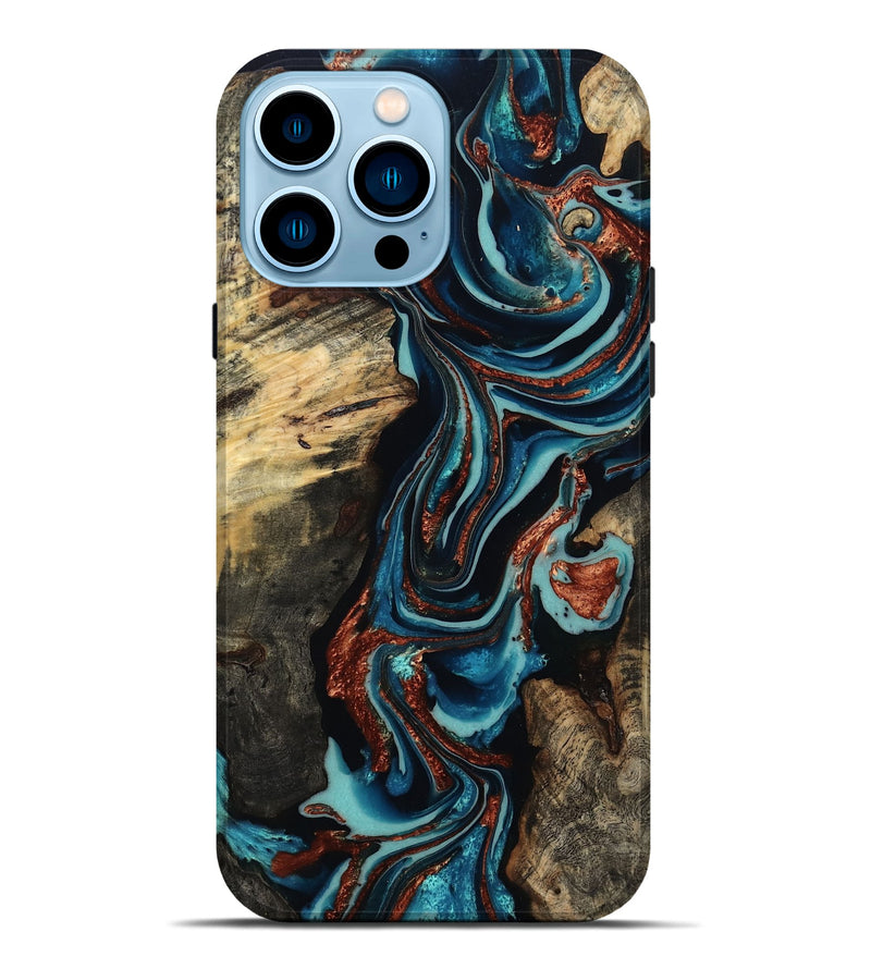 iPhone 14 Pro Max Wood Live Edge Phone Case - Felix (Teal & Gold, 801977)