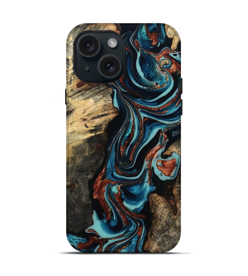 iPhone 15 Wood Live Edge Phone Case - Felix (Teal & Gold, 801977)