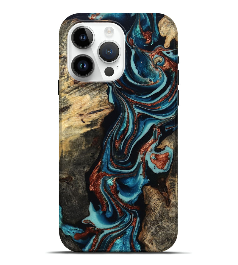 iPhone 15 Pro Max Wood Live Edge Phone Case - Felix (Teal & Gold, 801977)