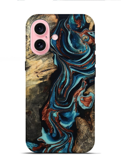 iPhone 16 Wood Live Edge Phone Case - Felix (Teal & Gold, 801977)