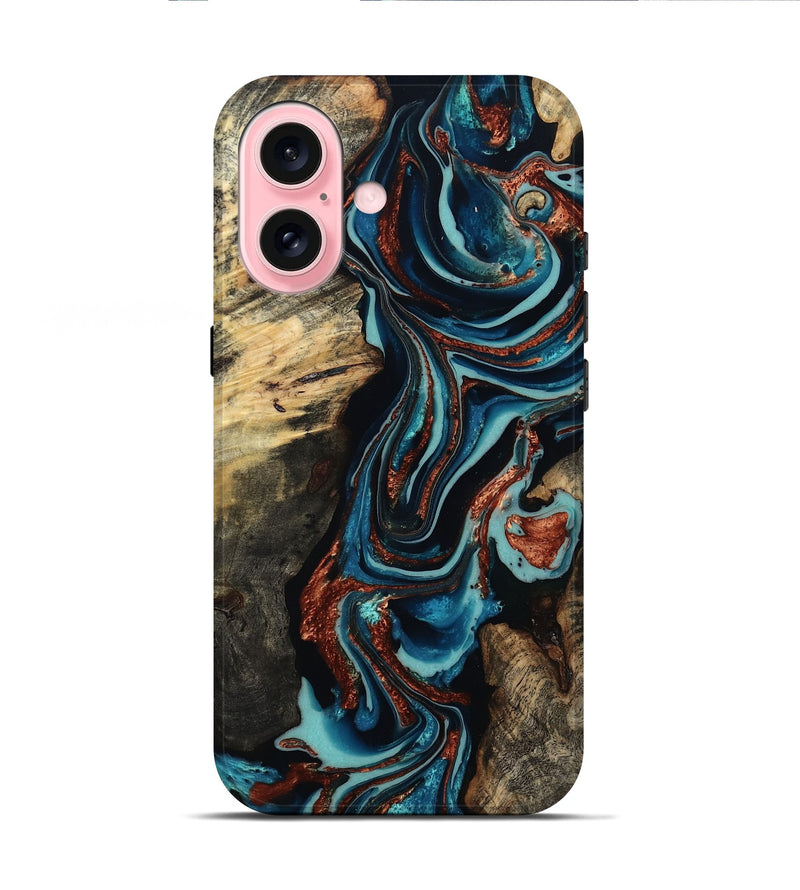 iPhone 16 Wood Live Edge Phone Case - Felix (Teal & Gold, 801977)