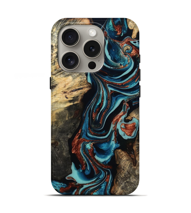 iPhone 16 Pro Wood Live Edge Phone Case - Felix (Teal & Gold, 801977)