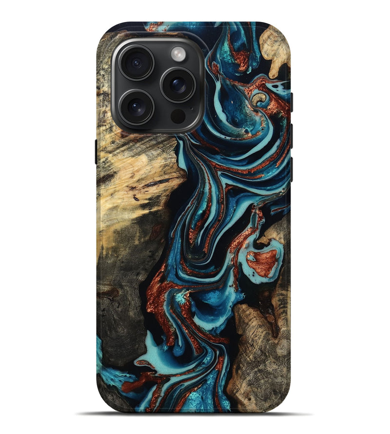 iPhone 16 Pro Max Wood Live Edge Phone Case - Felix (Teal & Gold, 801977)