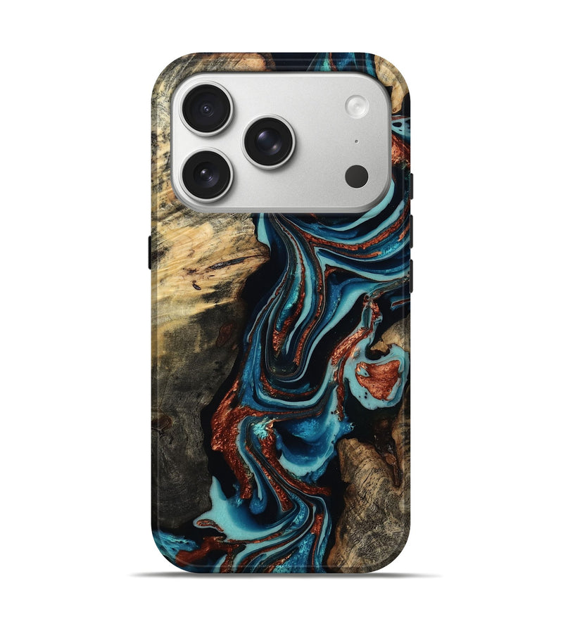 iPhone 17 Pro Wood Live Edge Phone Case - Felix (Teal & Gold, 801977)