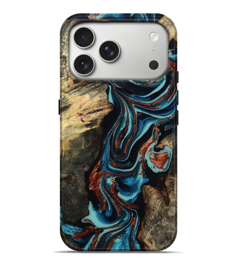 iPhone 17 Pro Max Wood Live Edge Phone Case - Felix (Teal & Gold, 801977)