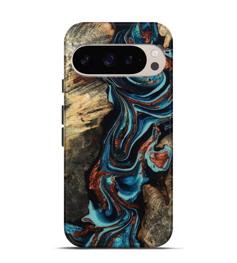 Pixel 9 Pro Wood Live Edge Phone Case - Felix (Teal & Gold, 801977)