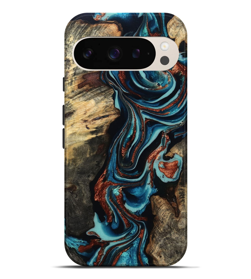 Pixel 9 Pro XL Wood Live Edge Phone Case - Felix (Teal & Gold, 801977)