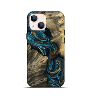 iPhone 13 mini Wood Live Edge Phone Case - Kenzie (Teal & Gold, 801978)