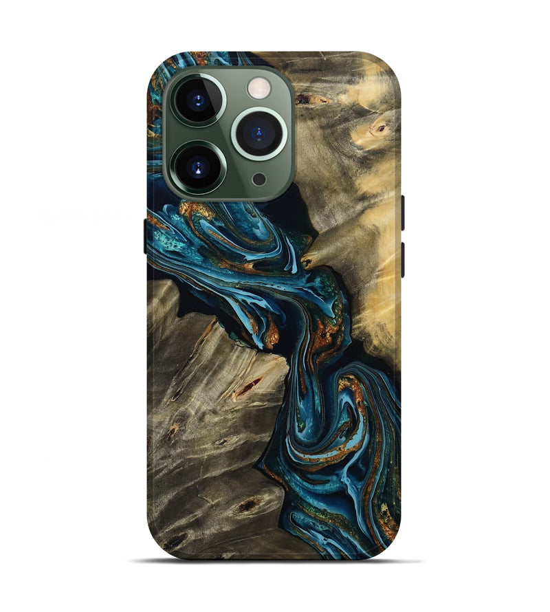 iPhone 13 Pro Wood Live Edge Phone Case - Kenzie (Teal & Gold, 801978)