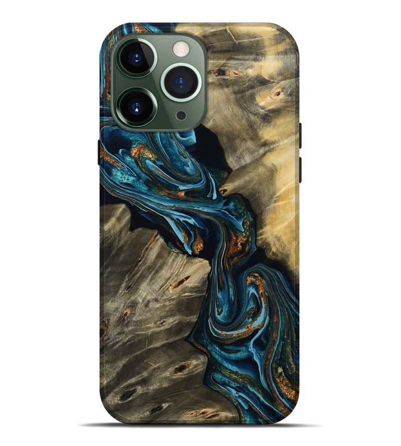 iPhone 13 Pro Max Wood Live Edge Phone Case - Kenzie (Teal & Gold, 801978)
