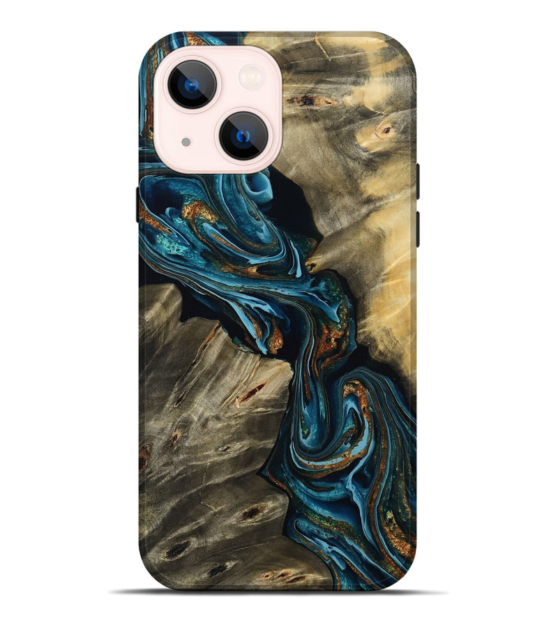 iPhone 14 Plus Wood Live Edge Phone Case - Kenzie (Teal & Gold, 801978)