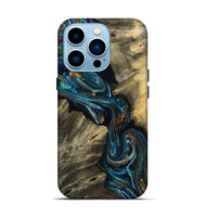 iPhone 14 Pro Wood Live Edge Phone Case - Kenzie (Teal & Gold, 801978)
