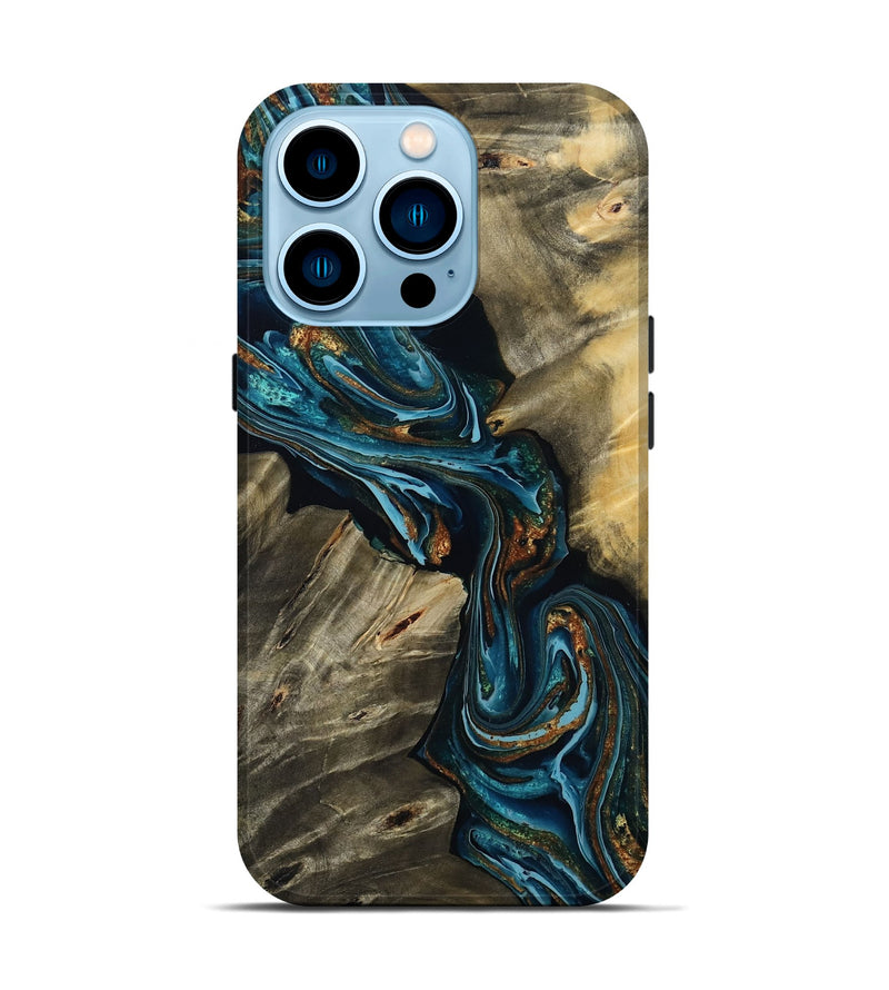 iPhone 14 Pro Wood Live Edge Phone Case - Kenzie (Teal & Gold, 801978)