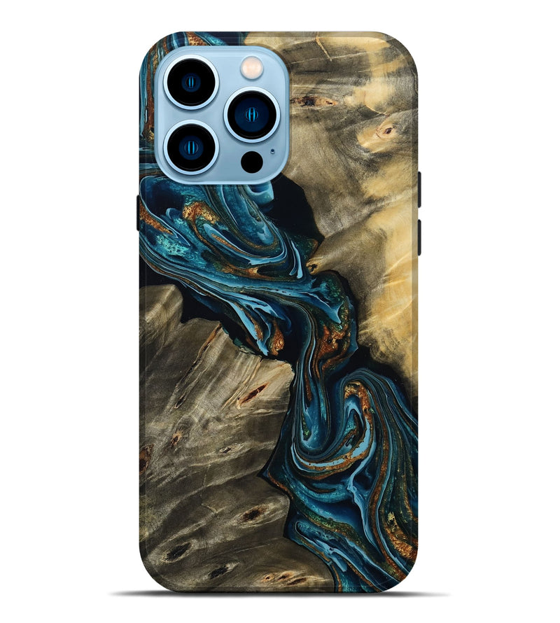 iPhone 14 Pro Max Wood Live Edge Phone Case - Kenzie (Teal & Gold, 801978)