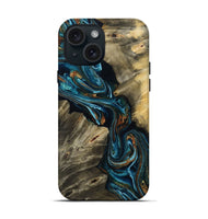 iPhone 15 Wood Live Edge Phone Case - Kenzie (Teal & Gold, 801978)