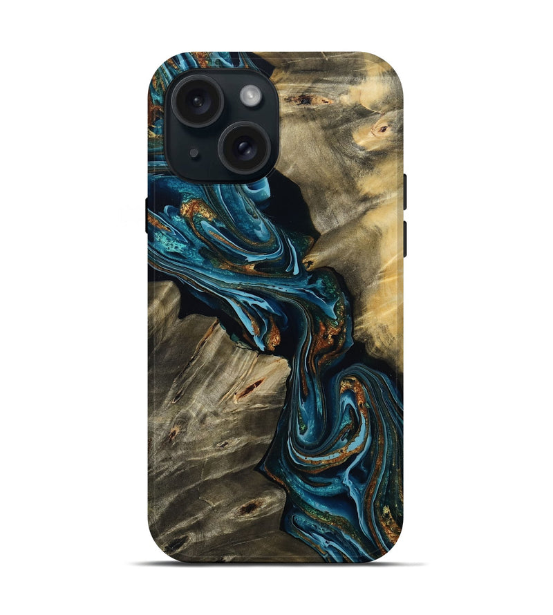 iPhone 15 Wood Live Edge Phone Case - Kenzie (Teal & Gold, 801978)