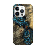 iPhone 15 Pro Wood Live Edge Phone Case - Kenzie (Teal & Gold, 801978)