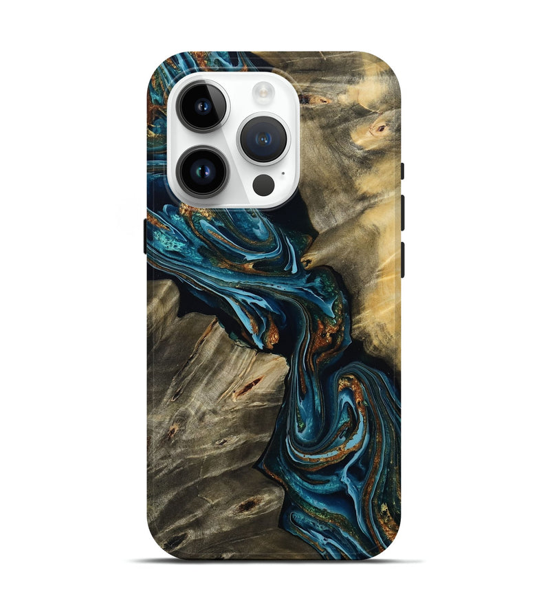 iPhone 15 Pro Wood Live Edge Phone Case - Kenzie (Teal & Gold, 801978)