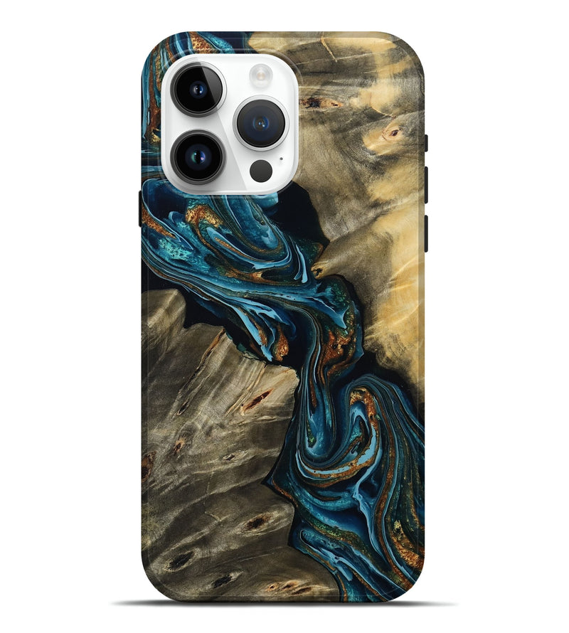 iPhone 15 Pro Max Wood Live Edge Phone Case - Kenzie (Teal & Gold, 801978)