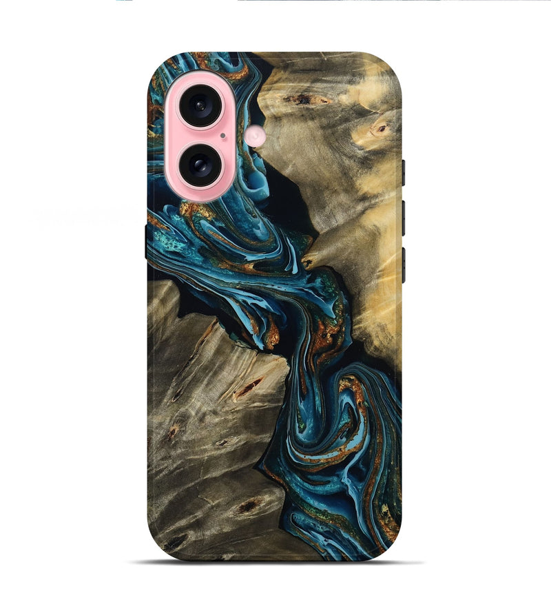 iPhone 16 Wood Live Edge Phone Case - Kenzie (Teal & Gold, 801978)