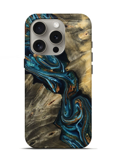 iPhone 16 Pro Wood Live Edge Phone Case - Kenzie (Teal & Gold, 801978)