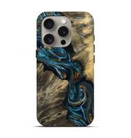 iPhone 16 Pro Wood Live Edge Phone Case - Kenzie (Teal & Gold, 801978)