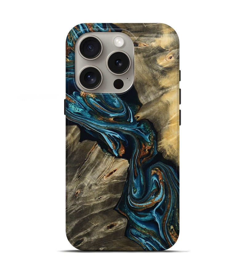 iPhone 16 Pro Wood Live Edge Phone Case - Kenzie (Teal & Gold, 801978)