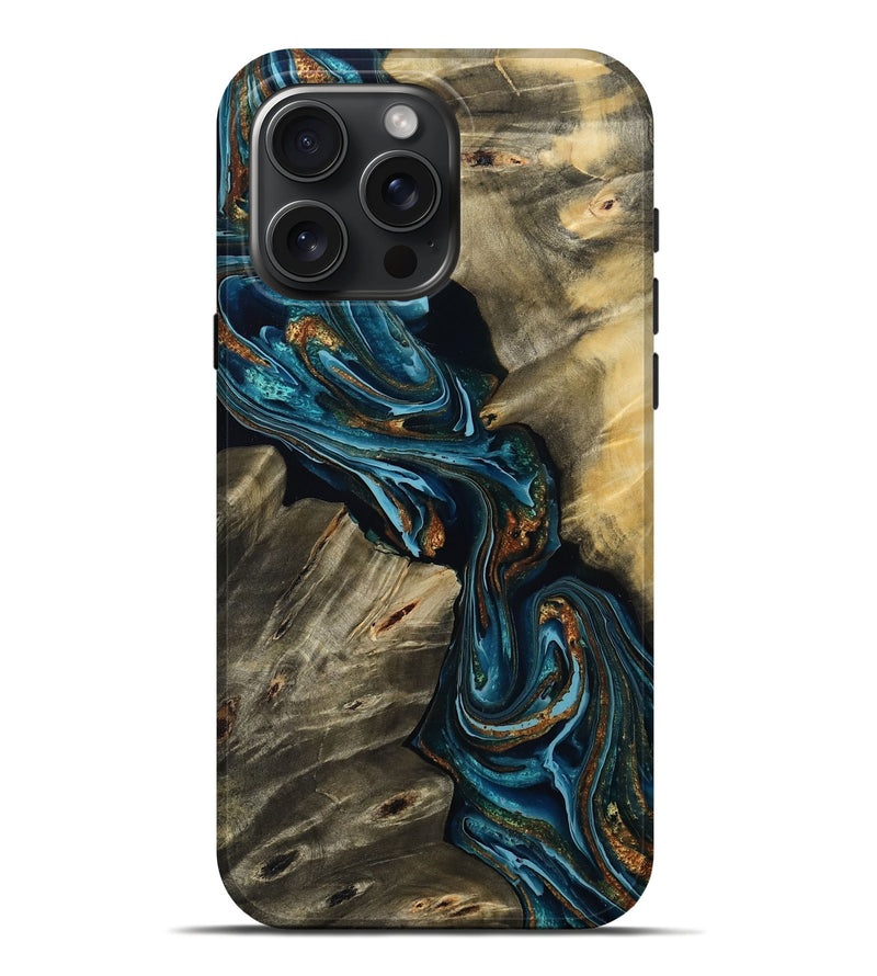 iPhone 16 Pro Max Wood Live Edge Phone Case - Kenzie (Teal & Gold, 801978)