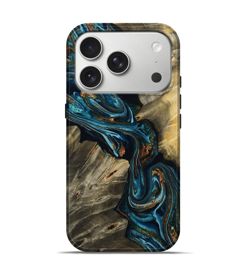 iPhone 17 Pro Wood Live Edge Phone Case - Kenzie (Teal & Gold, 801978)