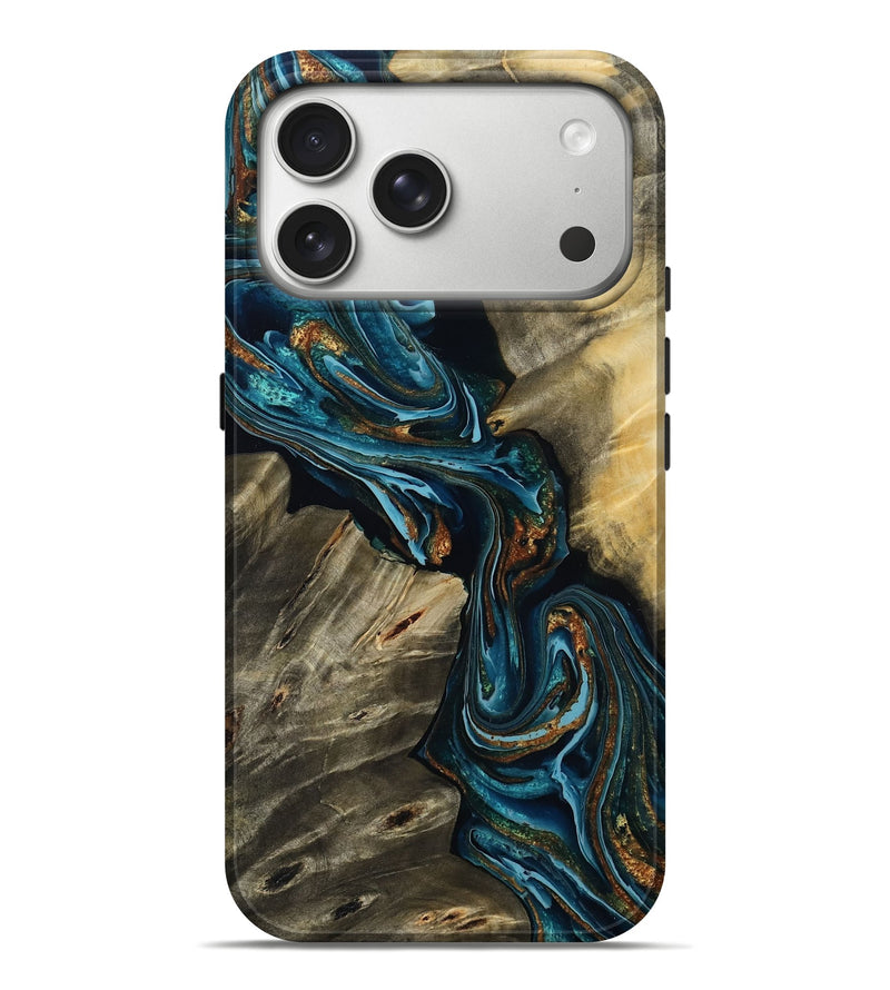 iPhone 17 Pro Max Wood Live Edge Phone Case - Kenzie (Teal & Gold, 801978)