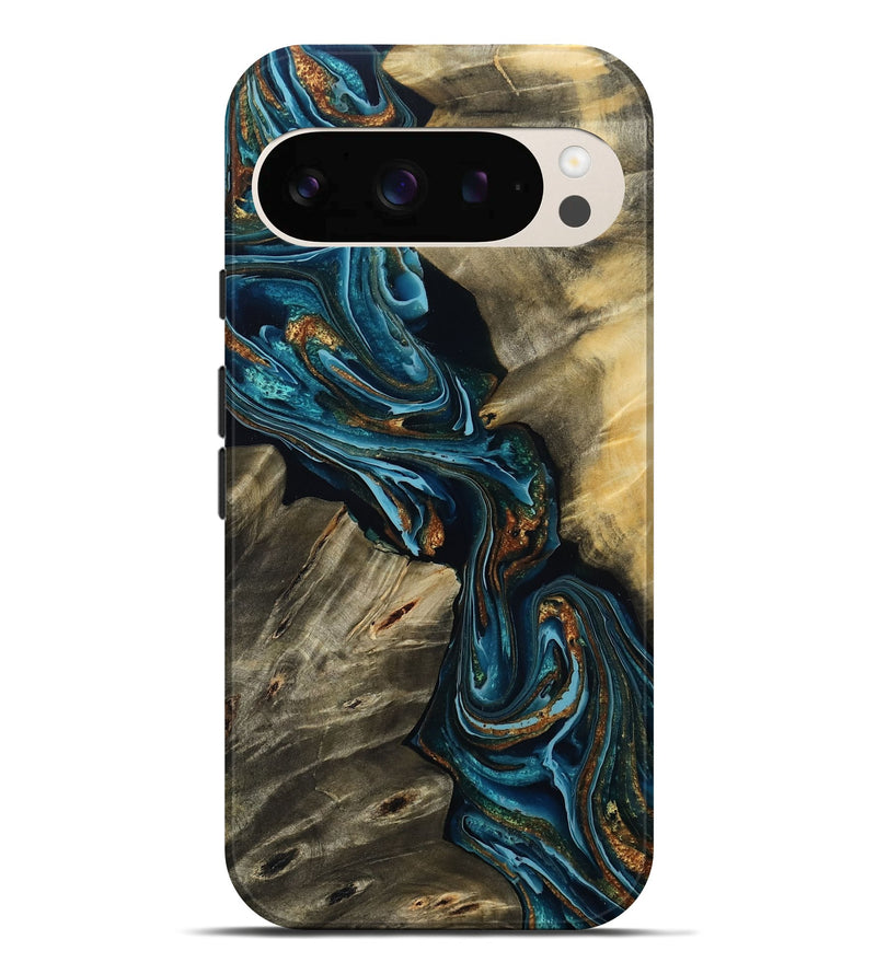 Pixel 10 Pro XL Wood Live Edge Phone Case - Kenzie (Teal & Gold, 801978)