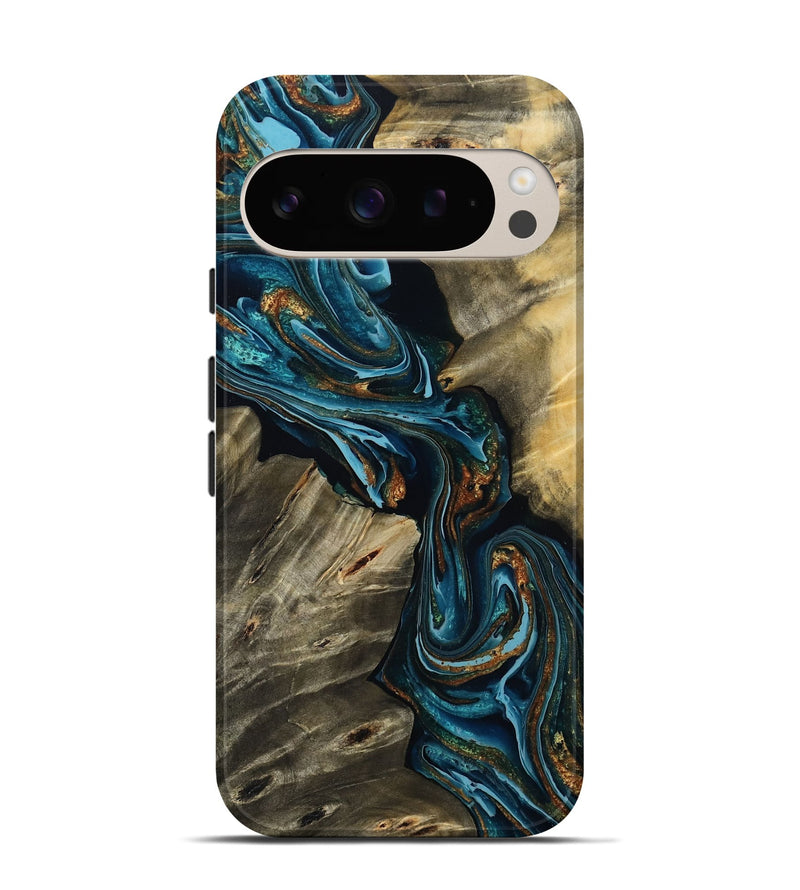 Pixel 9 Pro Wood Live Edge Phone Case - Kenzie (Teal & Gold, 801978)